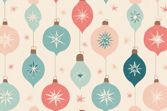 festive seamless christmas pattern featuring hanging retro ornaments and decorative snowflakes in soft pastel colors including mint green coral pink teal and beige on a warm background creating a vint