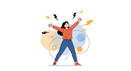 Fototapeta premium Stressed woman stands with arms raised while lightning bolt symbols appear around her head to represent anger and frustration.