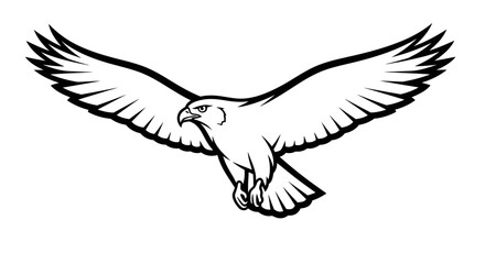 Obraz premium Majestic flying bird of prey with wings spread, a powerful black and white line art illustration representing freedom and strength.