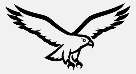 Fototapeta premium Majestic Flying Eagle or Hawk Silhouette Illustration. Powerful Bird of Prey with Spread Wings, Black and White Vector Art.