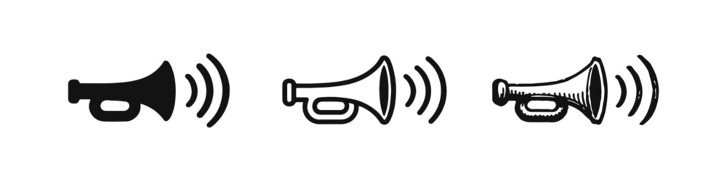 Car Horn with Sound Waves Icon Collection: Solid, Outline, and Hand-Drawn Designs