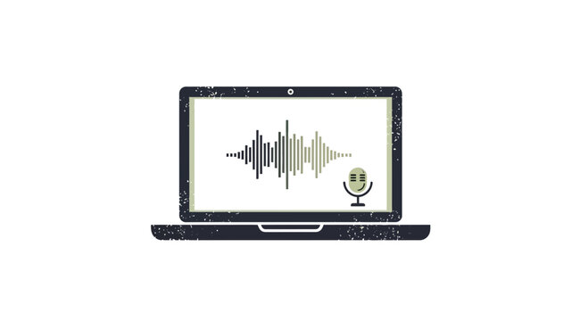 Laptop screen shows audio waveform and microphone icon, technology concept