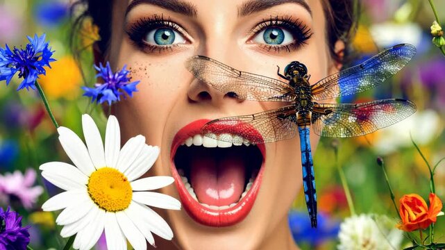 Surprised woman in a colorful wildflower field with a large blue dragonfly landing on her face and open mouth
