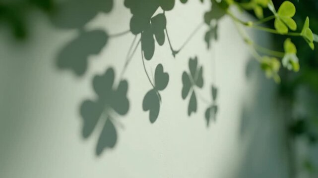 Gentle sunlight illuminates the graceful silhouettes of three-leaf clovers, projecting intricate shadow patterns on a bright wall, a peaceful ode to nature's simplicity