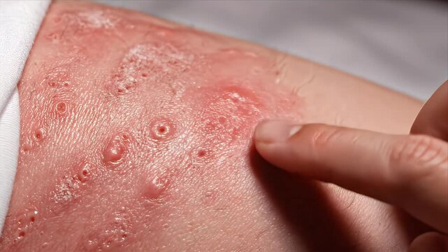 Close up on fair skinned thigh showing a red inflamed rash with blisters being pointed at by a finger medical skin condition concept