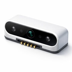 Fototapeta premium Sleek depth camera sensor in a white housing isolated on a clean background, perfect for illustrating 3D scanning, computer vision, robotics, and AI technology concepts.