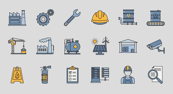 Industrial icons collection with various machinery parts.