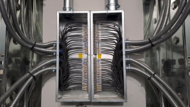 Professional electrical junction box with organized wiring and terminal blocks