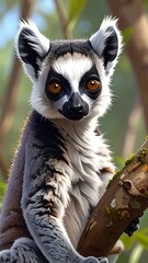 Fototapeta premium A close-up portrait of a ring-tailed lemur, perched on a tree branch, observing with striking orange eyes. It has a fluffy white and gray body