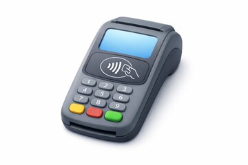 Modern POS terminal with keypad and contactless symbol isolated on white, representing cashless payments, retail checkout and secure electronic transactions.