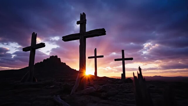 Three wooden crosses on rocky hill at sunset. Silhouettes against dramatic sky. Christian calvary symbol evoking faith sacrifice and spiritual reflection.