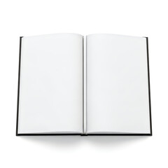 An open book with blank white pages on a plain background