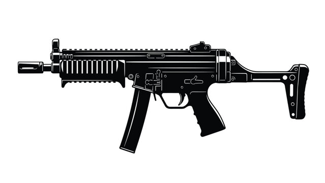 Black silhouette of a modern submachine gun with a foldable stock and magazine for military gear, law enforcement equipment, and weaponry themes.