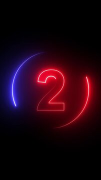 Glowing neon red and purple number 2 with circular light trails on black background. Neon glowing 2 number text sign animation. Radiant glowing circle with number 2 Modern neon style Vertical video.