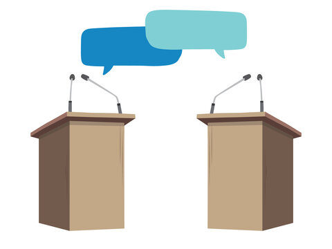 A two podium for presentations with microphones and speech bubbles. The concept of debate or discussion. Flat color Illustration on a transparent background