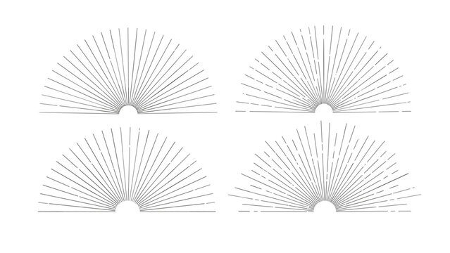 Collection of four different sunburst patterns with radial lines of varying thicknesses and styles for graphic design accents and background elements.