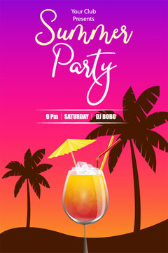 Vibrant Summer Party Invitation with Tropical Cocktail and Sunset Background