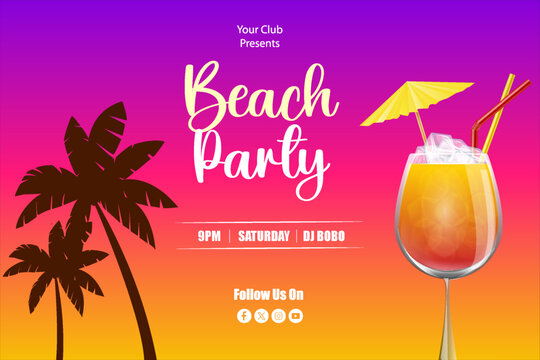 Vibrant beach party invitation featuring a refreshing cocktail with a palm tree silhouette 