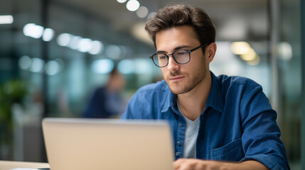 Obraz premium Faceless young Indian software engineer with glasses working on a laptop at a modern open-plan office desk, defocused colleagues and glass partitions behind, Indian developer, software engineer,