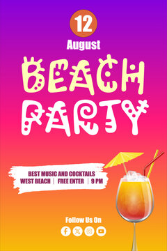 Vibrant and colorful beach party flyer design featuring a tropical cocktail