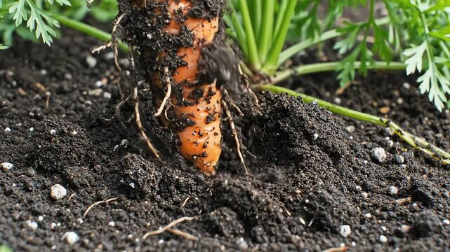 Close-up of a young carrot plant growing in rich, dark soil.