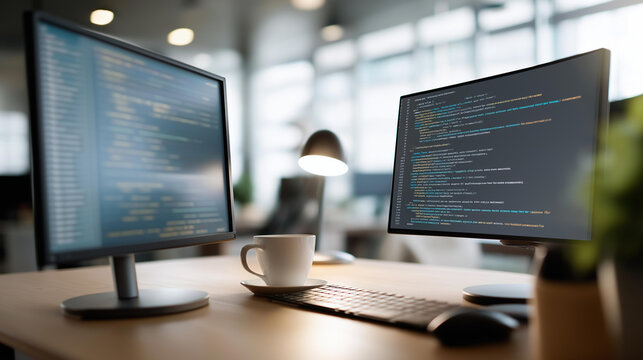 Modern dual-monitor desk setup with detailed programming code on both screens, desk lamp and coffee cup nearby, defocused open office environment behind, dual monitor coding, programmer