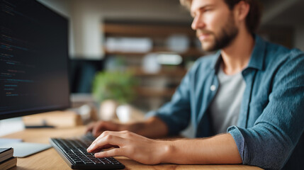 Faceless programmer at a neat desk, code on a monitor, books and tech accessories organized around, defocused office environment behind, programmer desk setup, coder at work, organized