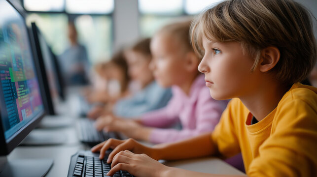 Group of faceless children coding together at computers in a school computer lab, colorful programming interfaces visible, defocused lab interior and teacher behind, kids coding lab, children