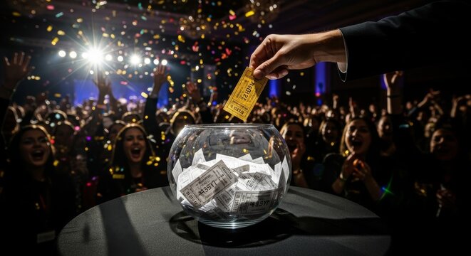 Excitement and Anticipation: Hand of a Participant Dropping a Ticket into a Bowl Surrounded by Cheerful Crowd at a Festive Event Filled with Colorful Confetti