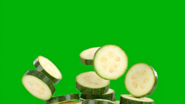 Slow motion footage captures fresh, round zucchini slices gracefully falling and bouncing on green screen.