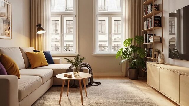 Cozy living room with couch, coffee table, and TV in modern home interior with natural light