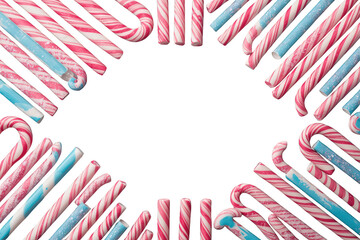 Obraz premium Pink and blue striped candy canes and sticks forming a festive frame, flat lay creating copy space with transparent background