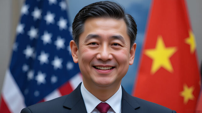 Diplomatic figure smiling in front of US and China flags