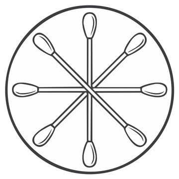 Stylized arrangement of cotton swabs, hygiene tools forming a radial pattern within a circular frame, simple graphic illustration