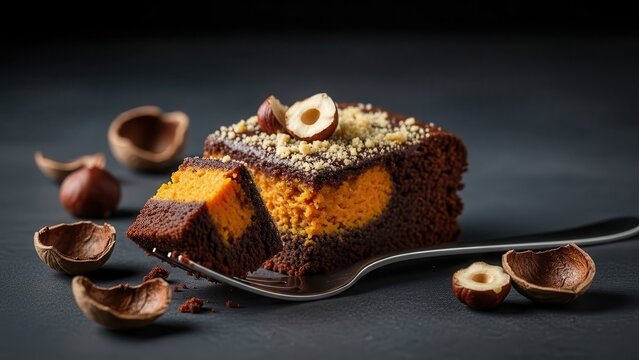 A chocolate cake with orange filling and hazelnuts on a dark surface with a fork and broken nuts around it