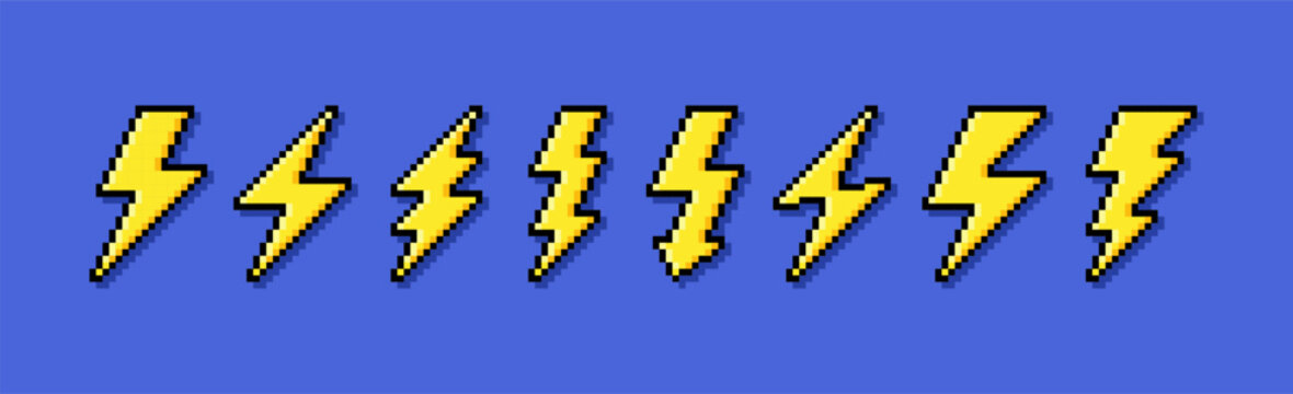 Pixel lightning. Bolt and 8bit zap spark flash strike shock volt amp for game vector set. Sharp pixelated zig jag surge with glow and gold. Hit, discharge damage warn sign.