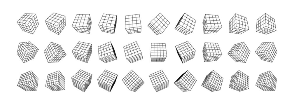 Cube 3d grid. Wireframe box geometric and mesh shape geometry. Cube model in perspective rotation with various angle top and side view outline. Abstract line stroke wireframe vector isolated set