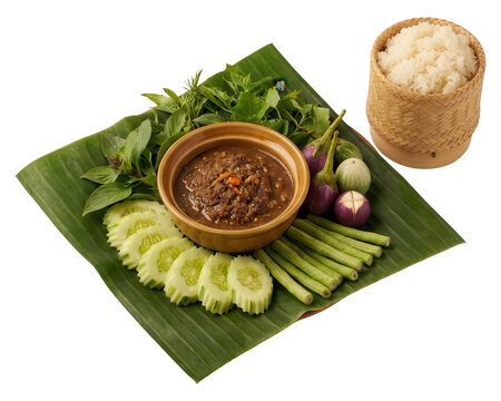 Nam Prik Kapi: Spicy Thai Shrimp Paste Dip with Vegetables and Sticky Rice