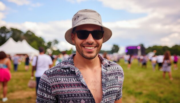 Happy man in bucket hat and sunglasses at outdoors electronic music festival event daytime celebration