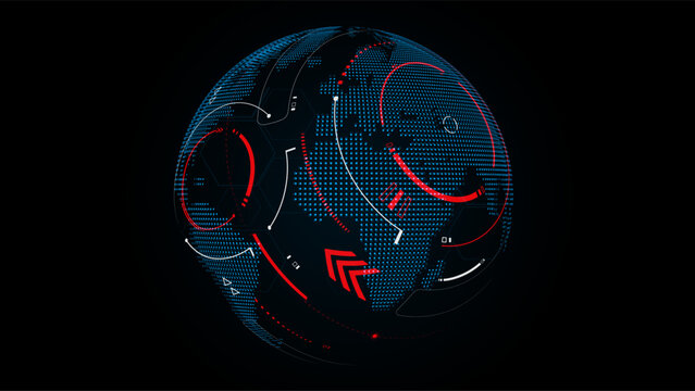 Futuristic Digital Globe with HUD Elements. Global Data Network, Technology Connectivity, and Abstract High-Tech Information Visualization, vector illustration