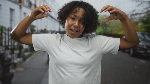 Young african american woman raising hands on city street in white shirt with curly hair beside black iron fence; joy.