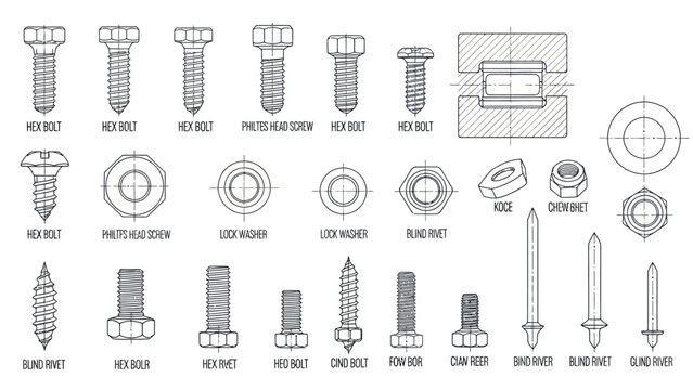 Collection of Various Screws and Fasteners Illustrated.