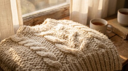 Cozy macro of soft cream knit sweater texture bathed in warm golden sunlight, emotional warmth and comfort feeling