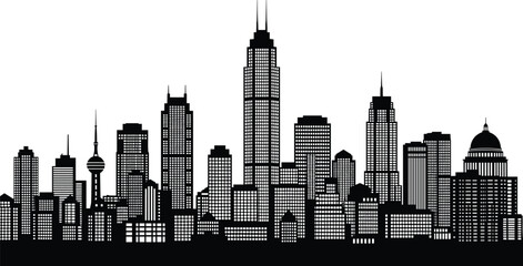 City skyline silhouette illustration featuring skyscrapers, observation tower, capitol dome, twin spires, urban architecture, metropolitan landmark, modern buildings © Razia