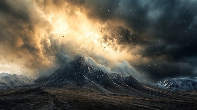 Dramatic landscape of mountain range under a stormy sky with vibrant clouds