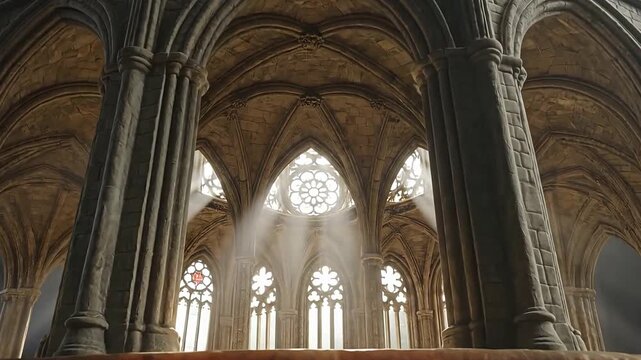 Sunlight streaming through stained glass windows in a historic Gothic church interior with arches