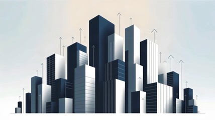Obraz premium Geometric city skyline with growth arrows – Ideal for urban enterprise, real estate development, or corporate success themes.