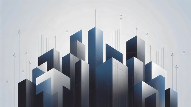 Modern corporate skyline with upward arrows &ndash; Perfect for financial growth, city architecture, or business ambition concepts.