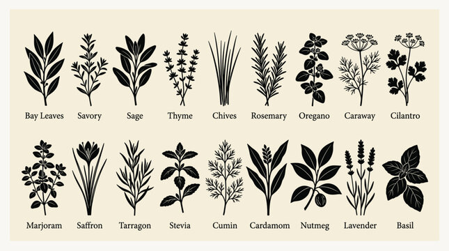 A collection of various herbs and plants, including bay leaves, rosemary, thyme, and lavender, illustrated in black silhouettes on a beige background with labels.
