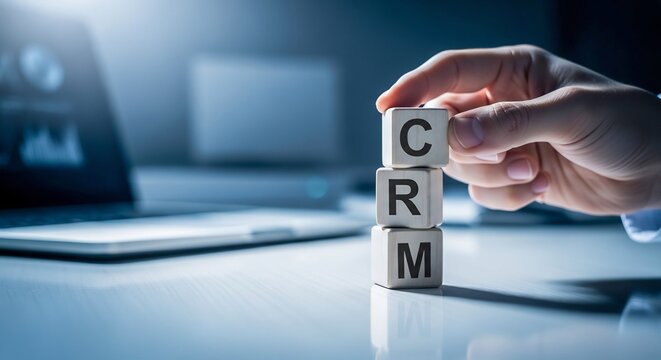 Hand stacking wooden CRM blocks on desk with laptop analytics dashboard, customer relationship management concept, business CRM implementation